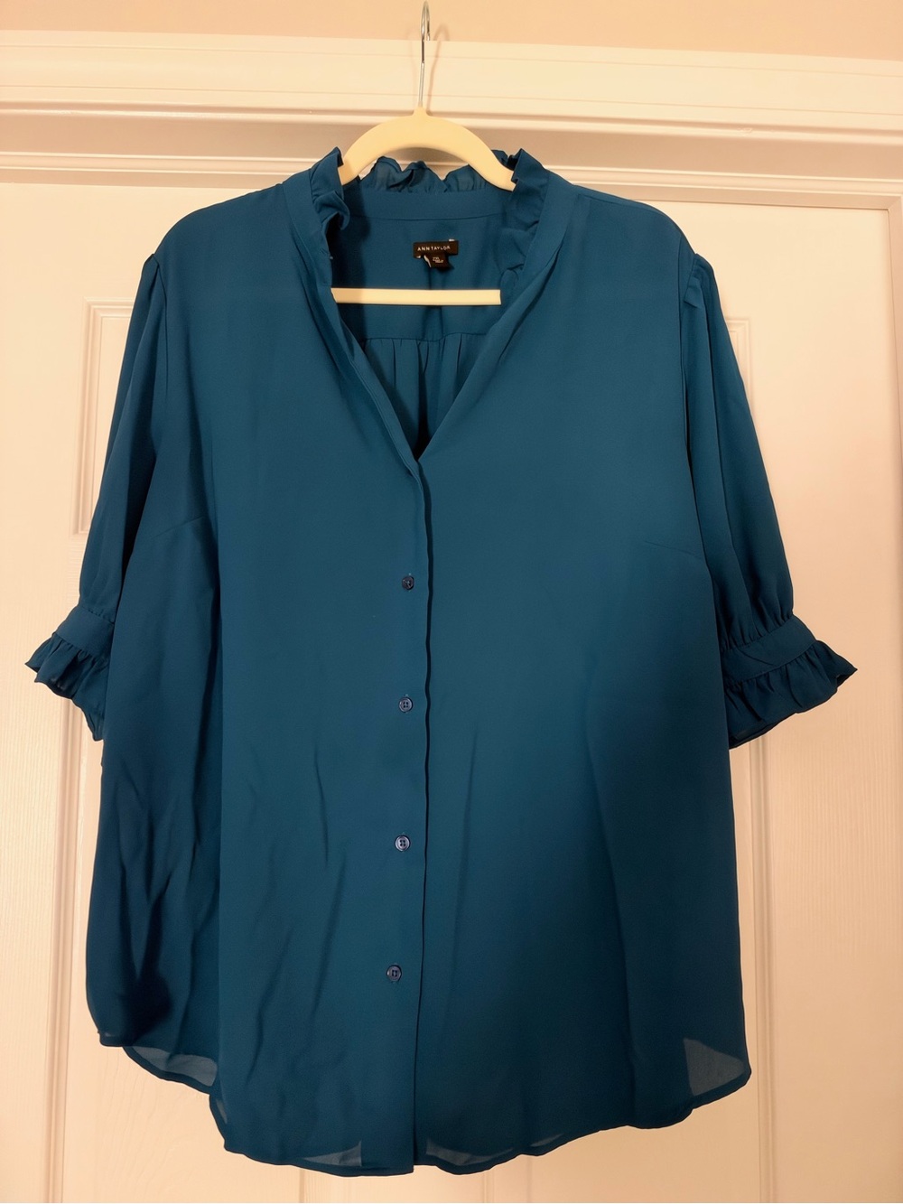 Ann Taylor Teal Button-Front Blouse with Ruffle Cuffs